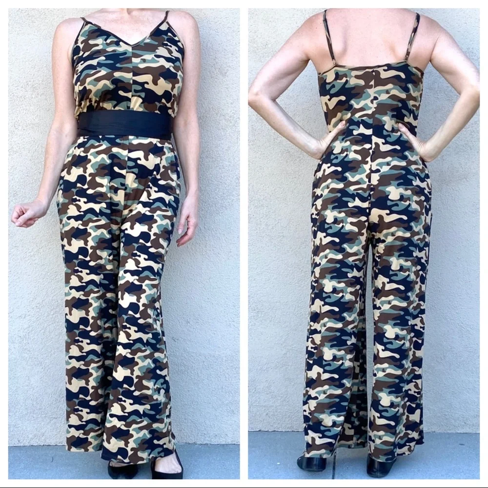 CAMO jumper suit pantsuit jumpsuit green black camouflage POCKETS wide leg pants - Picture 2 of 6